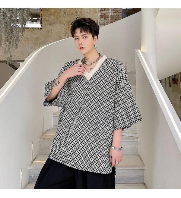 KK1658/P60 Geometric Pattern V-Neck Pullover Loose T-shirt