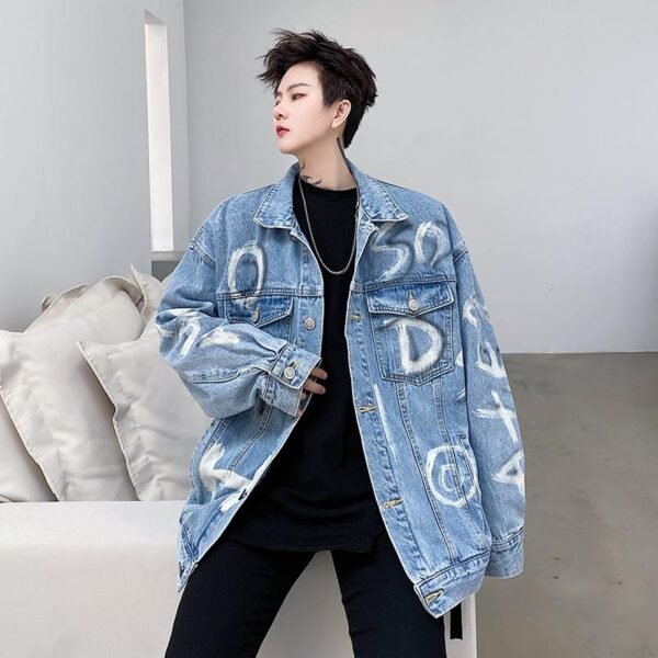 8033-p130 High Quality Washed Denim English Letter Graffiti Jacket