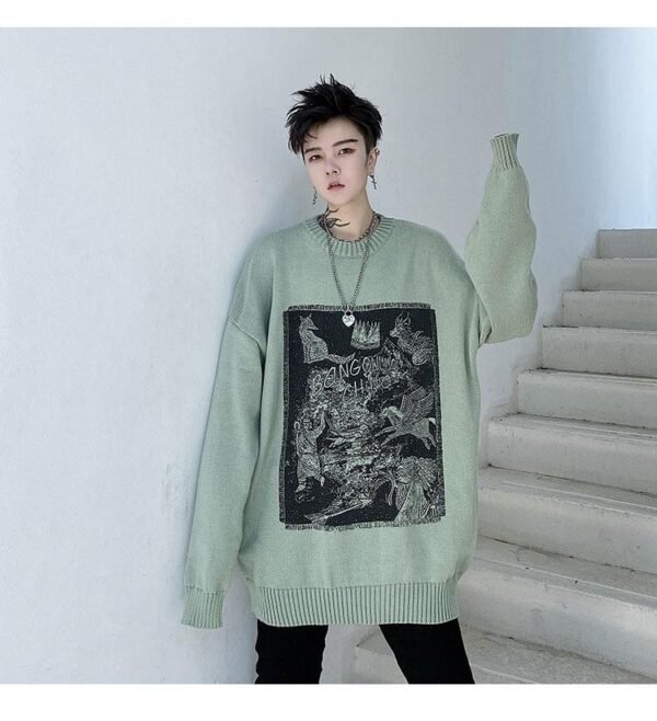 Kk1525 Animal Alphabet Print Men's Solid Color Loose Thick Sweater