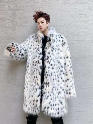 F425P185 Winter Long Windbreaker Hair High End Men and Women Stand Collar Leopard Print Thickened Coat
