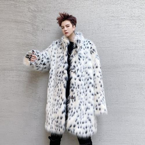 F425P185 Winter Long Windbreaker Hair High End Men and Women Stand Collar Leopard Print Thickened Coat