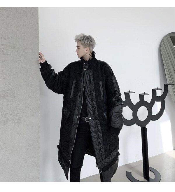 KK1308P235 Winter Style Splicing Small Fragrance Fabric Stand-up Collar Men's Mid-length Cotton Jacket