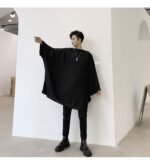 KK932/P75 Solid Color Side Slit Raglan Sleeve Loose Large-fit Men's Long Sleeve T-Shirt