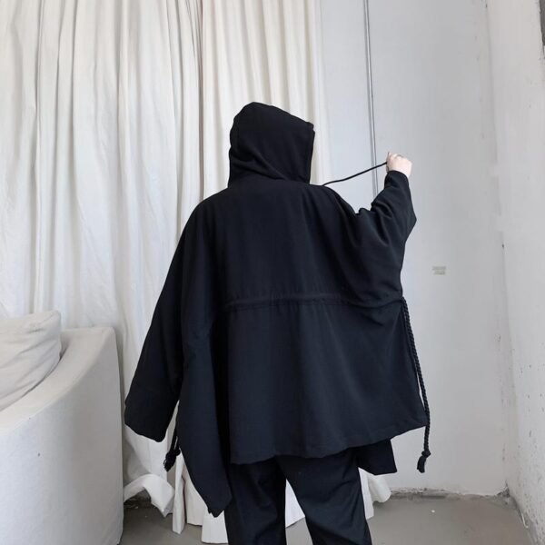 Dark Large Pocket Bat Sleeve Loose Hooded Trench Coat