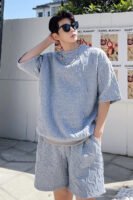 P85 Ribbed Hem T-sleeve High Temperature Three-dimensional Embossed Summer Short-sleeved Shorts Suit