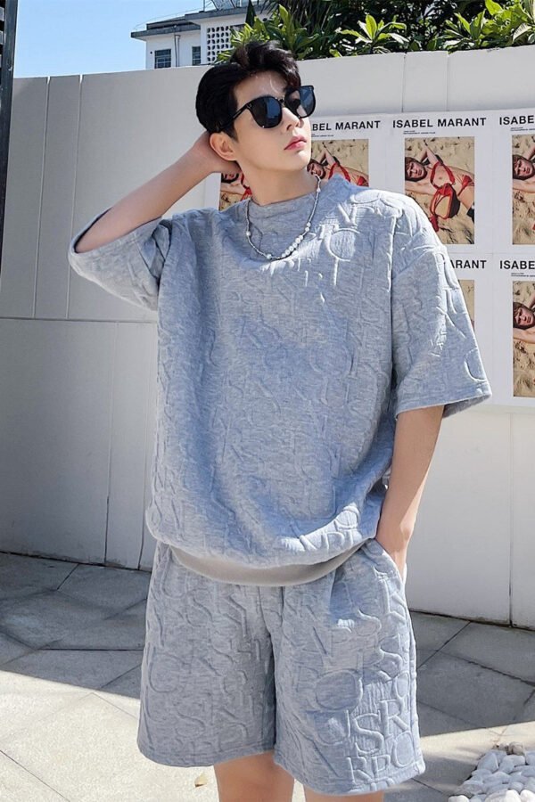 P85 Ribbed Hem T-sleeve High Temperature Three-dimensional Embossed Summer Short-sleeved Shorts Suit