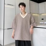 KK1658/P60 Geometric Pattern V-Neck Pullover Loose T-shirt