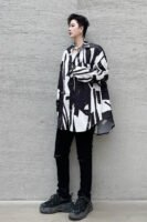 CS16-P70 Niche Design Long-sleeved Black and White Floral Shirt