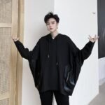 Bat Sleeve Jacket Men's Loose Jacket Dark Black Leather Pocket Pullover Hoodies