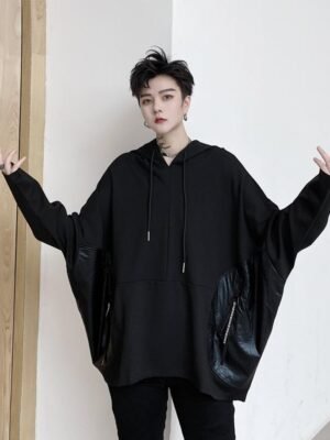 Bat Sleeve Jacket Men's Loose Jacket Dark Black Leather Pocket Pullover Hoodies