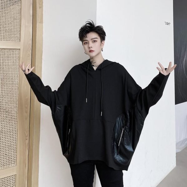 Bat Sleeve Jacket Men's Loose Jacket Dark Black Leather Pocket Pullover Hoodies
