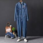 Spring and Autumn Tide Men's Tooling Jumpsuit Striped Jeans Jumpsuit Men's Korean Version of Slim Bib Blue