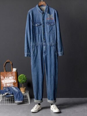 Spring and Autumn Tide Men's Tooling Jumpsuit Striped Jeans Jumpsuit Men's Korean Version of Slim Bib Blue