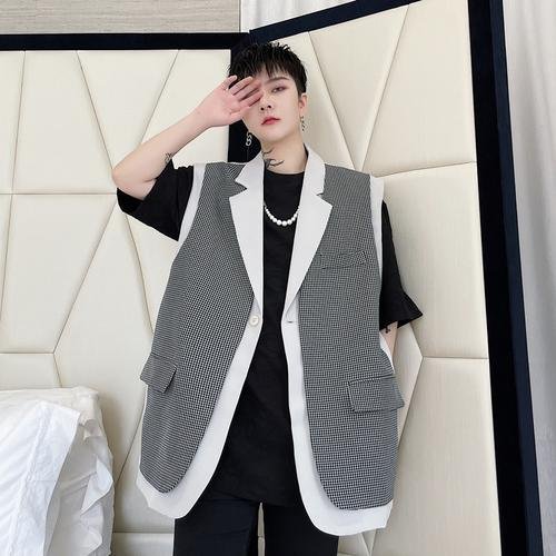 KK1631/P150 Lattice Stitching Contrast Color Fake Two-piece Vest