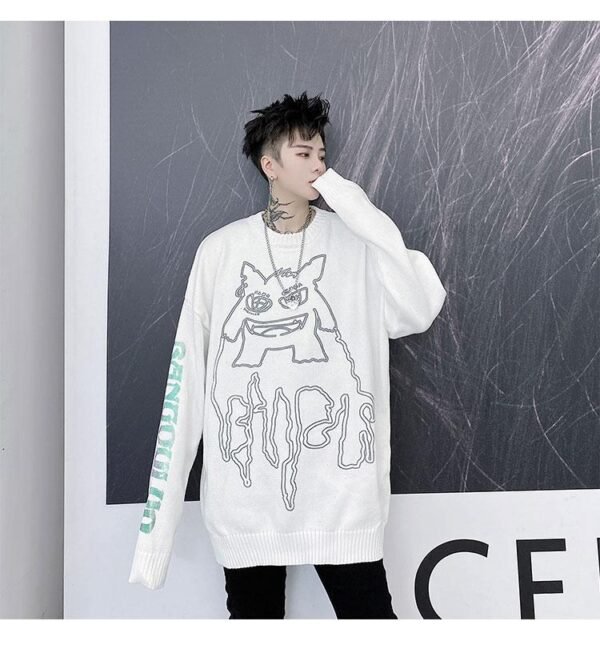 Kk1524 Little Monster Pattern Sleeve Letter Print Men's Loose Thick Sweater