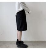 KK1375/P75 Double Live Pleat Design Loose Solid Color Casual Five-point Pants