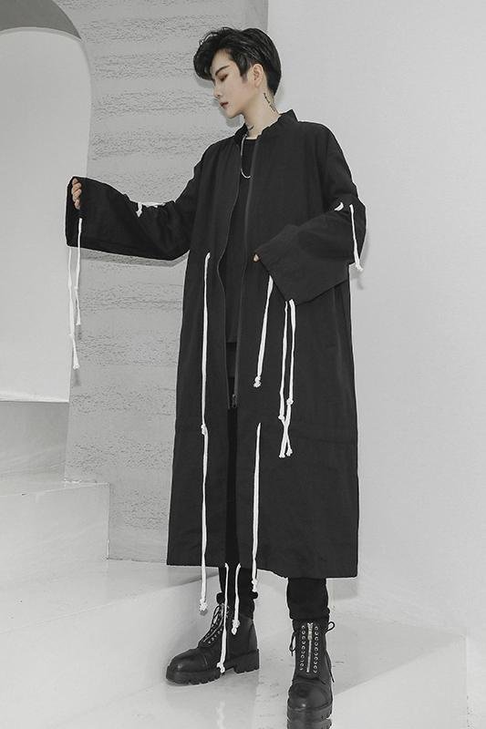 Men's Tide Long Windbreaker Jacket Long Coat Drawstring Jacket