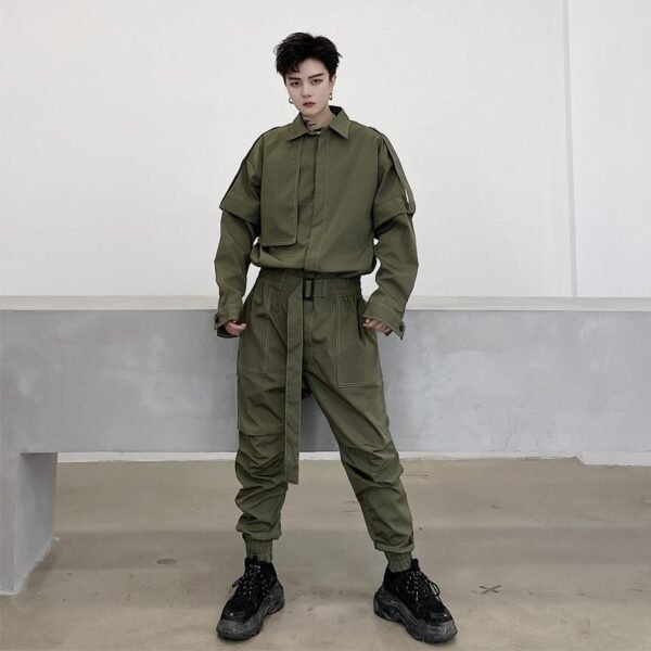 B251A-TT75-P178 Army Green Handsome Jumpsuit Seating Casual Ruffled Pants