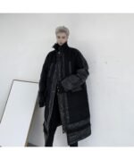 KK1308P235 Winter Style Splicing Small Fragrance Fabric Stand-up Collar Men's Mid-length Cotton Jacket