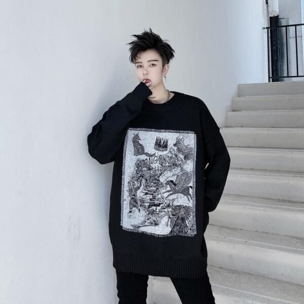 Kk1525 Animal Alphabet Print Men's Solid Color Loose Thick Sweater