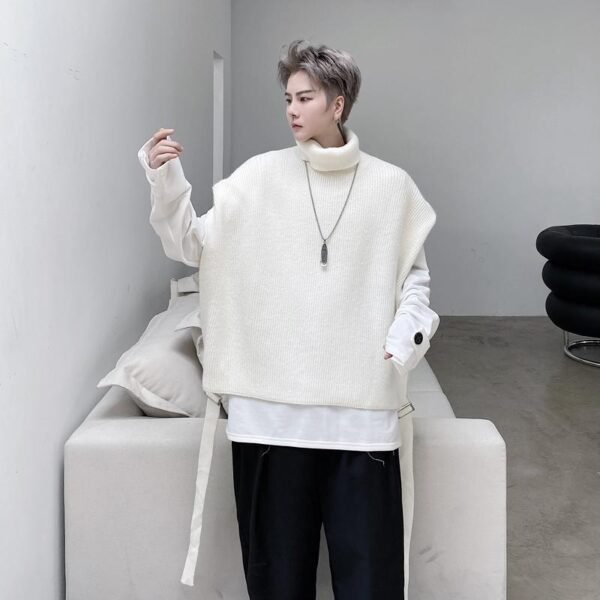 Japanese Streetwear Solid Color High Collar Knitted Vest Sleeveless Sweater Turtleneck Sweater Vest