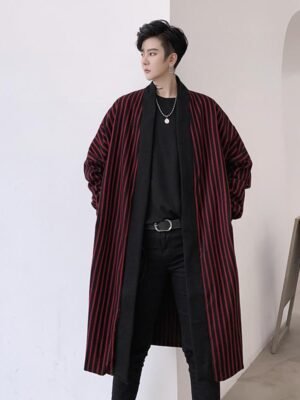 Korean Streetwear Long Striped Cardigan Black and Red Striped Cardigan