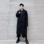 KK1534 Multi-pocket Label Lapel Loose Men's Mid-length Woolen Coat