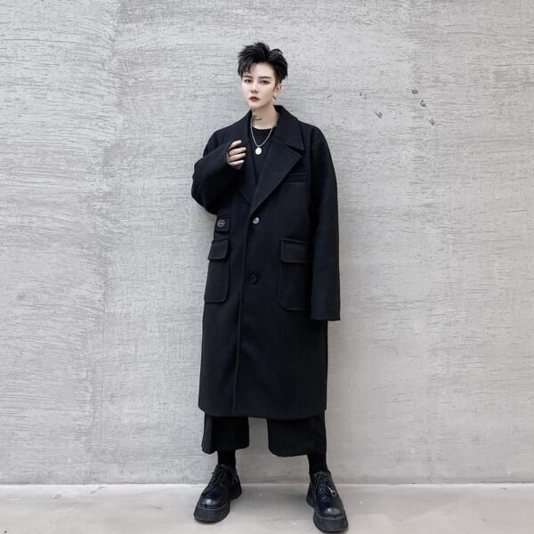 KK1534 Multi-pocket Label Lapel Loose Men's Mid-length Woolen Coat