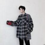 KK1453 Plaid Colliding Color Design Men's Loose-sleeved Shirt