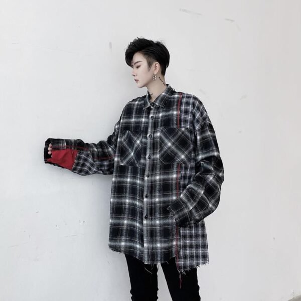 KK1453 Plaid Colliding Color Design Men's Loose-sleeved Shirt