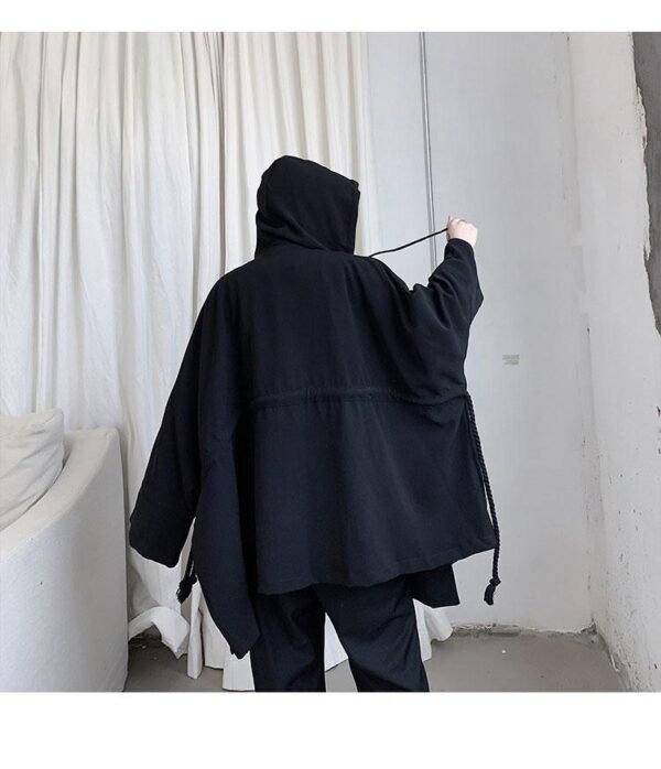 Dark Large Pocket Bat Sleeve Loose Hooded Trench Coat