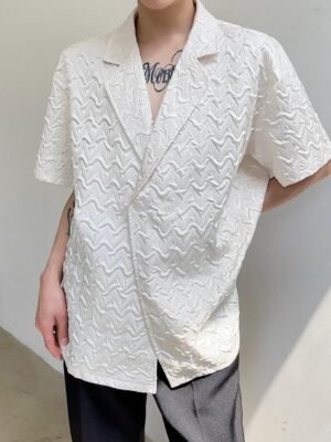 2388-P70 Original Pleated Embossed Fashion Cold Wind Lapel Short-sleeved Shirt