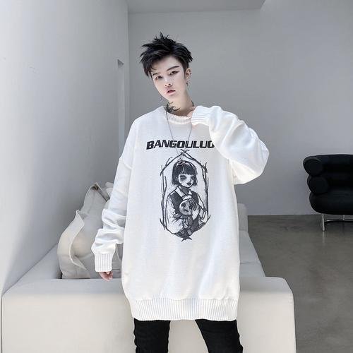 KK1526 Letter Pattern Printed Men's Solid Color Loose Thick Sweater