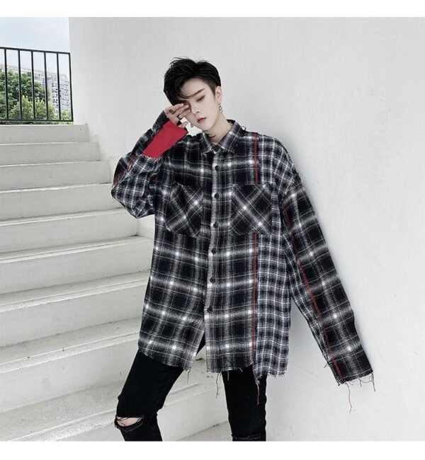 KK1453 Plaid Colliding Color Design Men's Loose-sleeved Shirt