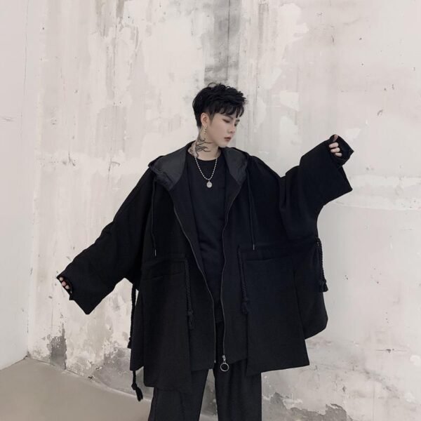 Dark Large Pocket Bat Sleeve Loose Hooded Trench Coat