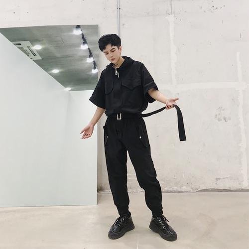 European and American Street Retro Work Clothes One Piece Fashion Brand Men's Hip Hop Street Dance Short Sleeve One Piece Suit