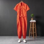 Summer Fashion Men's Short Sleeve One Piece Suit Plus Size Casual Leggings Performance Suit Men's and Women's One Piece Overalls