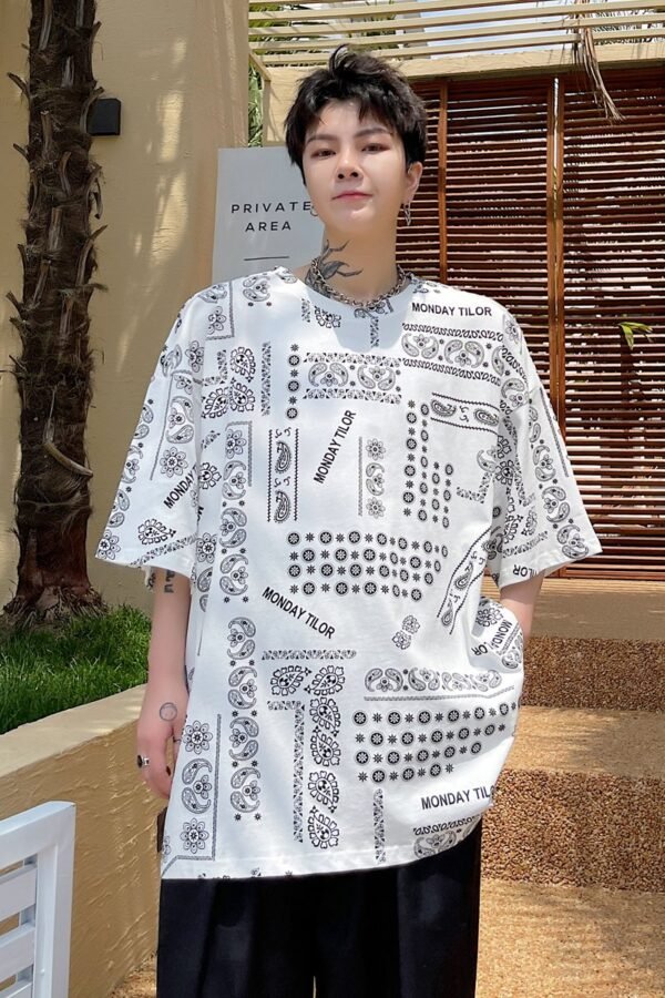 KK1656/P70 Letter Cashew Flower Printed Loose T-shirt