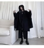 Dark Large Pocket Bat Sleeve Loose Hooded Trench Coat