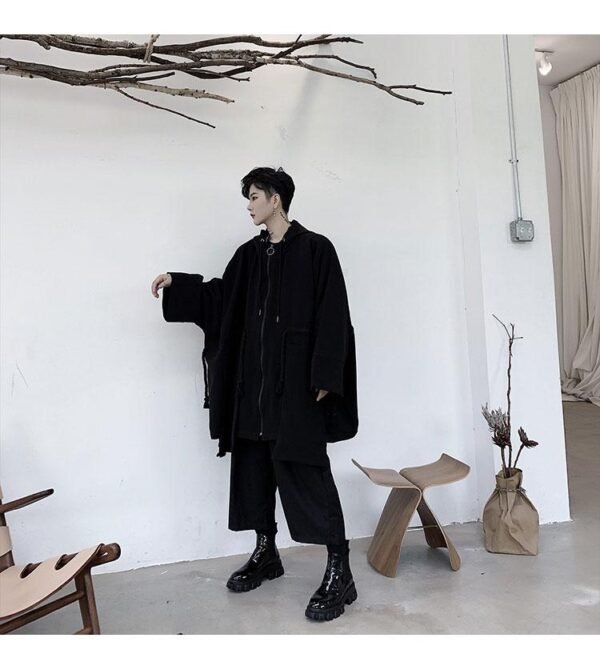 Dark Large Pocket Bat Sleeve Loose Hooded Trench Coat