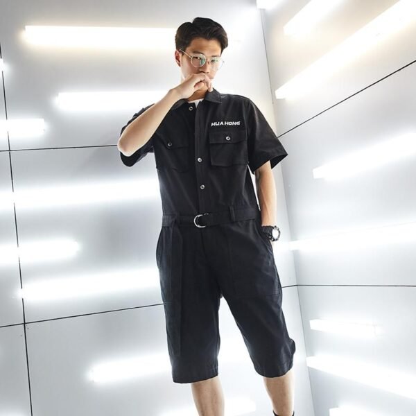 Summer Workwear Jumpsuit Men's Loose Straight Short Sleeves Jumpsuit Men's Korean Version Trend Men's Casual Shorts Pants