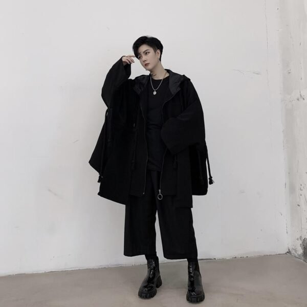 Dark Large Pocket Bat Sleeve Loose Hooded Trench Coat