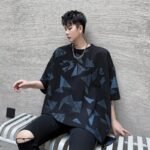 KK1623/P80 Geometric Pattern Printed Patchwork Falling Shoulder Loose Short Sleeve T-Shirt