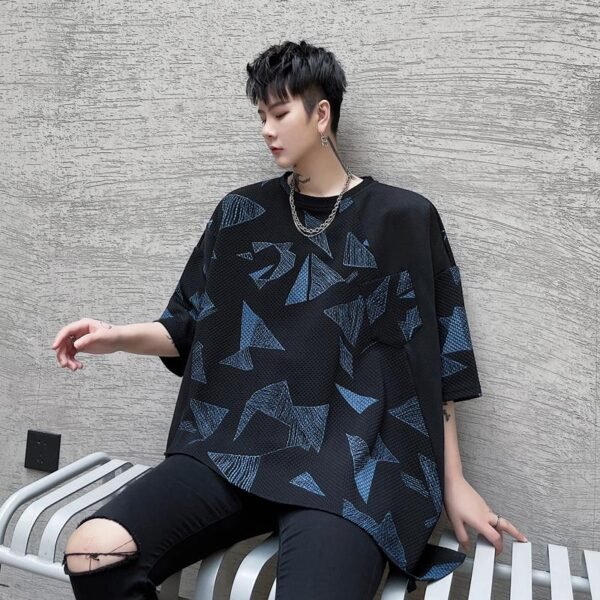 KK1623/P80 Geometric Pattern Printed Patchwork Falling Shoulder Loose Short Sleeve T-Shirt