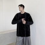 A345-1301-P80 Dark Black Jacket Male Wide Loose Korean Version Diamond Velvet Woven Ribbon