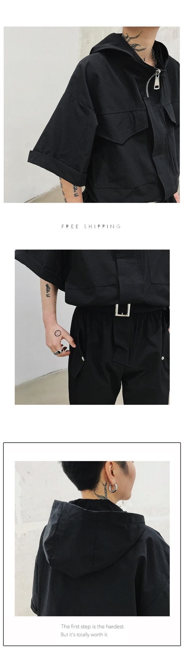 European and American Street Retro Work Clothes One Piece Fashion Brand Men's Hip Hop Street Dance Short Sleeve One Piece Suit