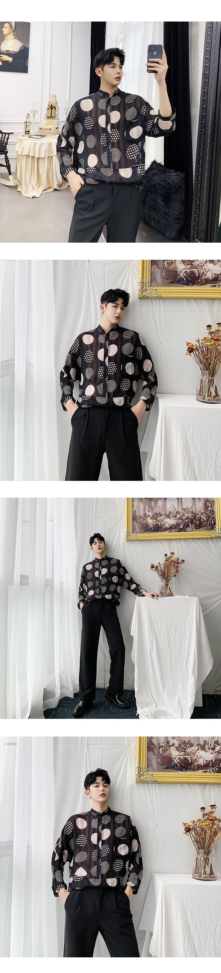 2119-P60 Summer Ultra-thin Retro Fashion Big Polka Dot Long-sleeved Shirt