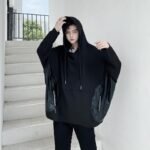 Bat Sleeve Jacket Men's Loose Jacket Dark Black Leather Pocket Pullover Hoodies