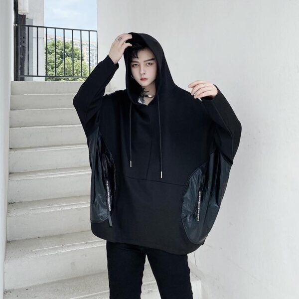 Bat Sleeve Jacket Men's Loose Jacket Dark Black Leather Pocket Pullover Hoodies
