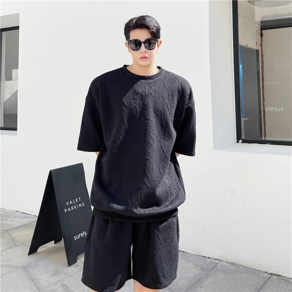 P85 Ribbed Hem T-sleeve High Temperature Three-dimensional Embossed Summer Short-sleeved Shorts Suit